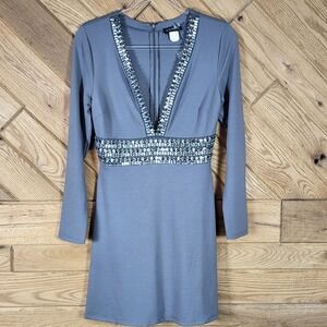Venus Dress Women 8 Embellished V-Neck Long Sleeve Mini Bodycon Grey